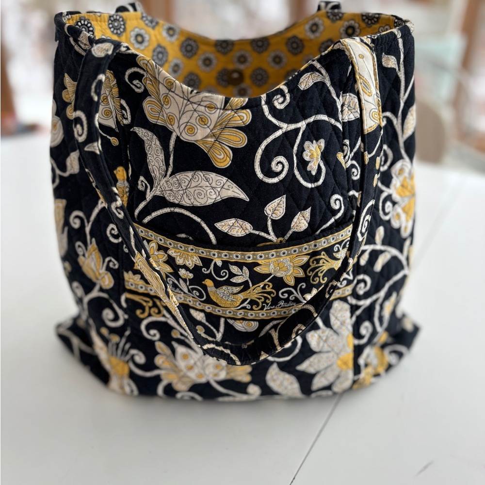 Retired Floral Patterned Vera Bradley Tote Bag - Black and Yellow